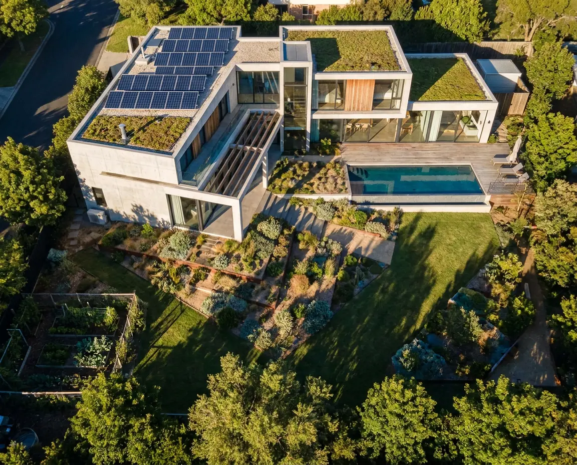 A house with a pool, garden beds and solar panels, from above